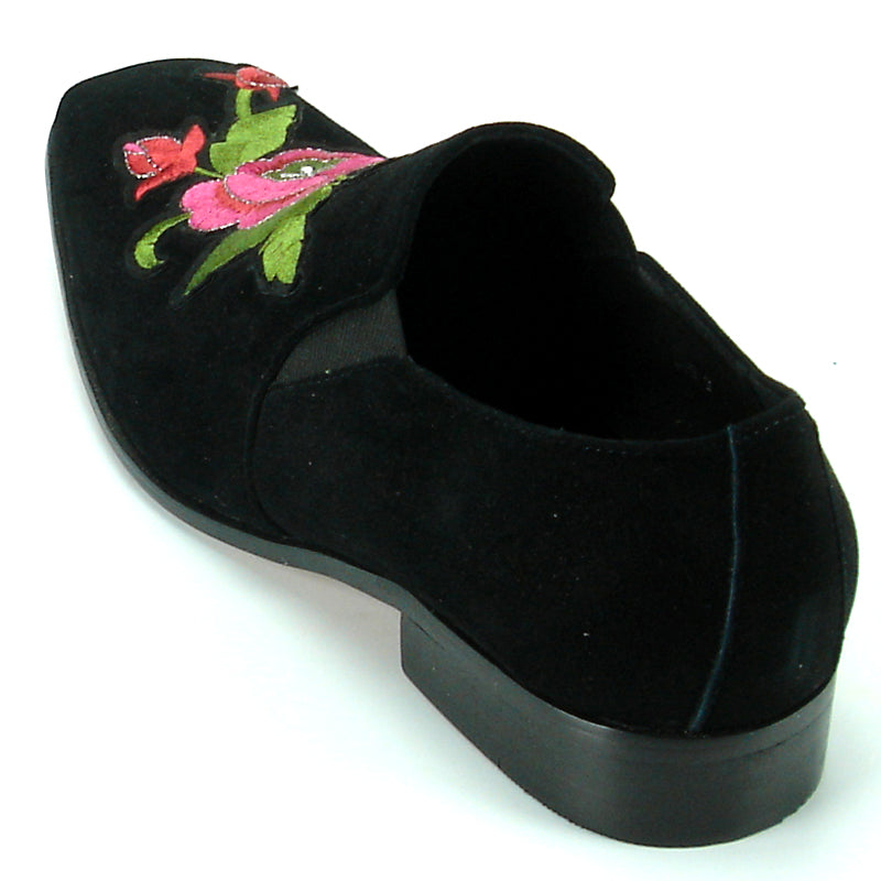 FI-7085 Black Suede with Embroidered Rose Slip on Fiesso by Aurelio Garcia
