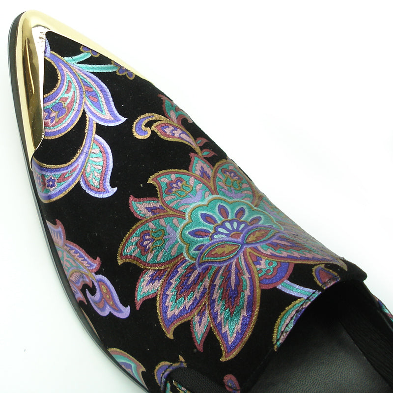 FI-7133 Black Floral Designs Loafer With Metal Tip Fiesso by Aurelio Garcia