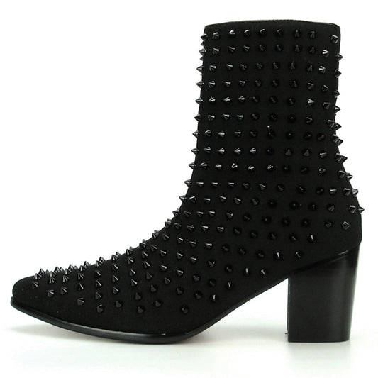 FI-7142 Black Suede Black Spikes Cuban Heel Fiesso by Aurelio Garcia Boot with Side Zipper