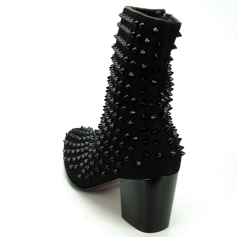 FI-7142 Black Suede Black Spikes Cuban Heel Fiesso by Aurelio Garcia Boot with Side Zipper