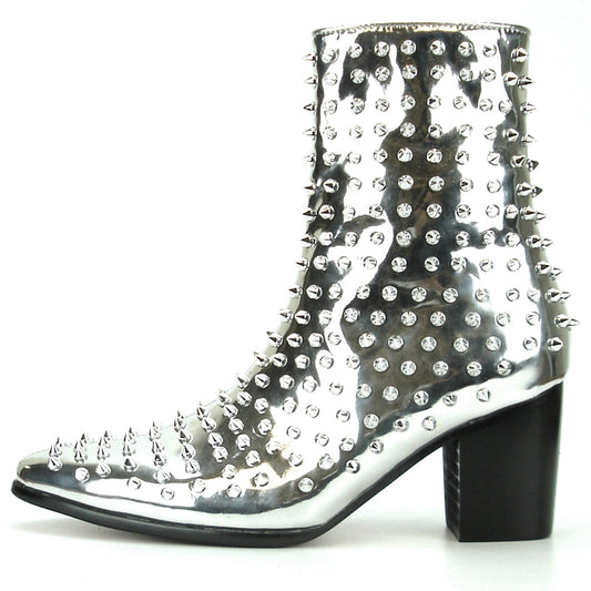FI-7142 Silver Patent Leather Silver Spikes Cuban Heel Fiesso by Aurelio Garcia Boot