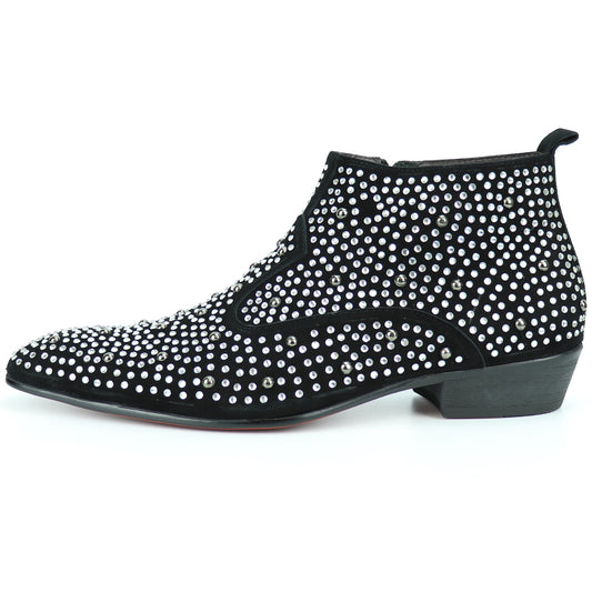 FI-7284 Black Suede Rhinestones Boot with Side Zipper Fiesso by Aurelio Garcia