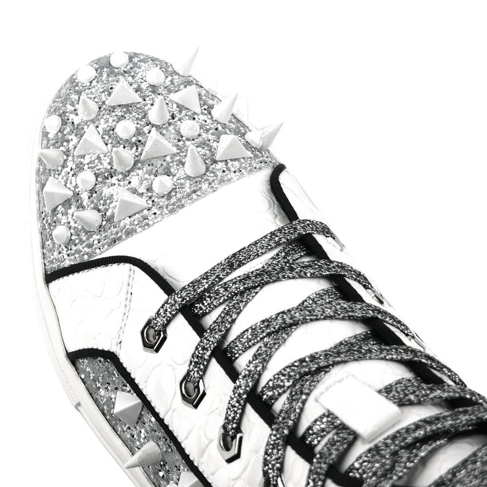 FI-2369 White Glitter White Spikes Lace up High top Sneaker Encore by Fiesso