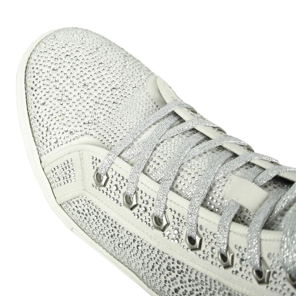 FI-2387 White Suede Clear Rhinestones High Top Sneaker Encore by Fiesso