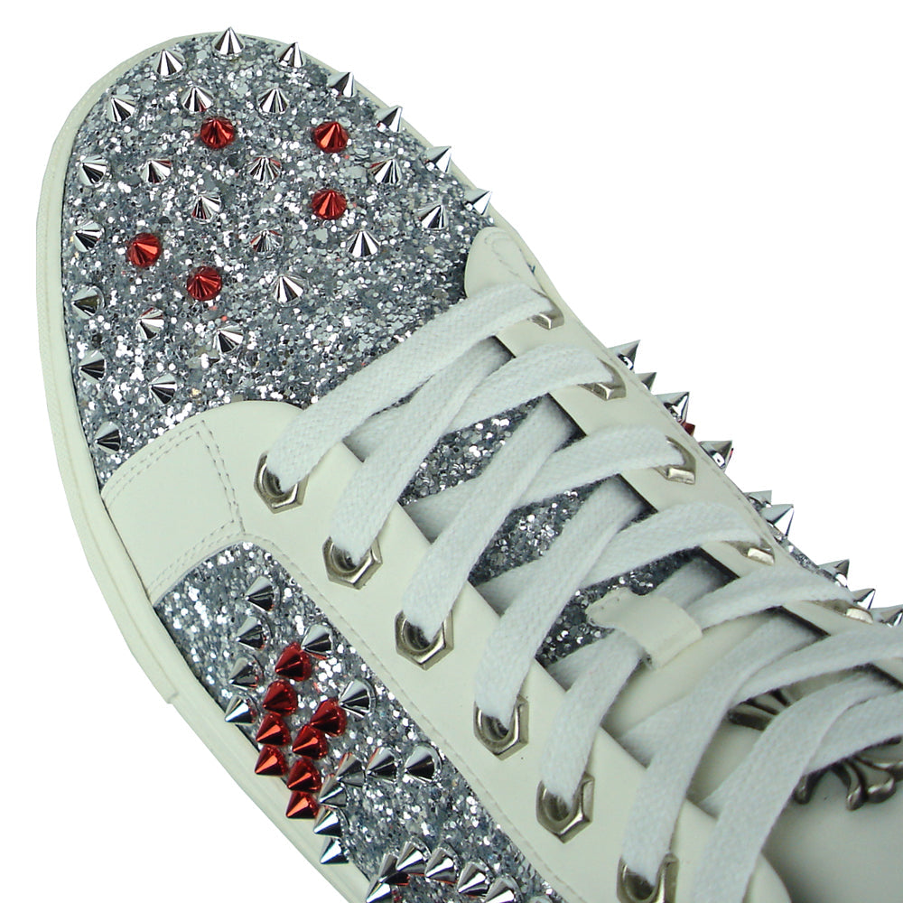 FI-2398 White Leather Silver Red Spikes High top Sneaker Encore by Fiesso