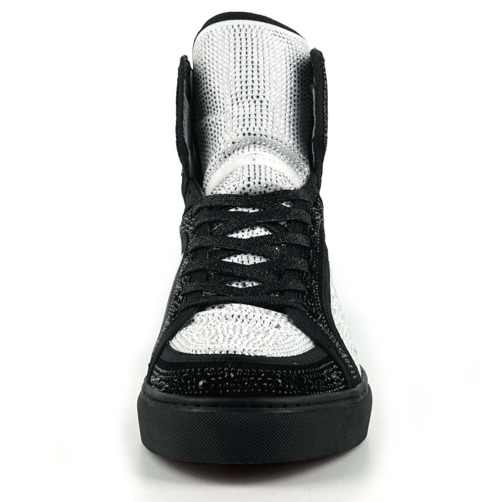 FI-2402 Black White Suede and Rhinestones High Top Sneaker Encore by Fiesso