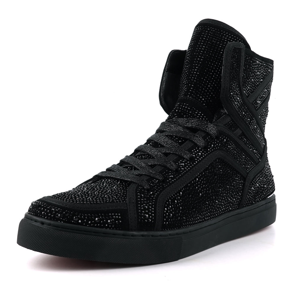 FI-2402 Black Suede Black Rhinestones High Top Sneaker Encore by Fiesso