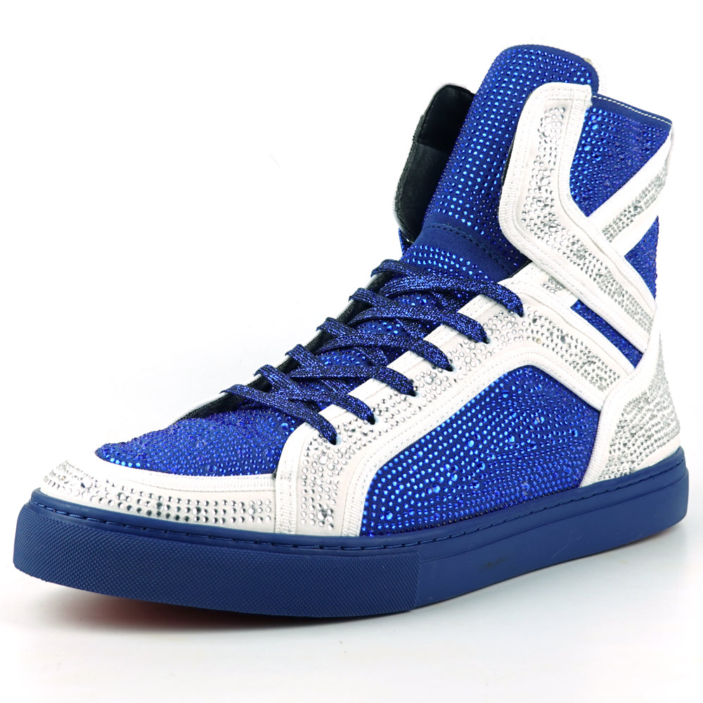 FI-2402 White Blue Suede Rhinestones High Top Sneaker Encore by Fiesso
