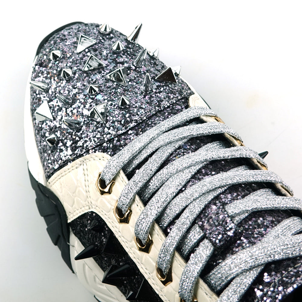FI-2406 Silver Black Glitter Silver Spikes Lace up Sneaker Encore by Fiesso