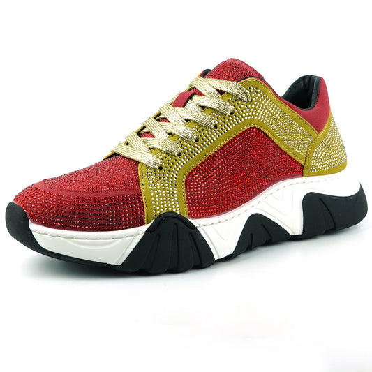 FI-2407 Red Gold Suede Rhinestones Lane up Sneaker Encore by Fiesso