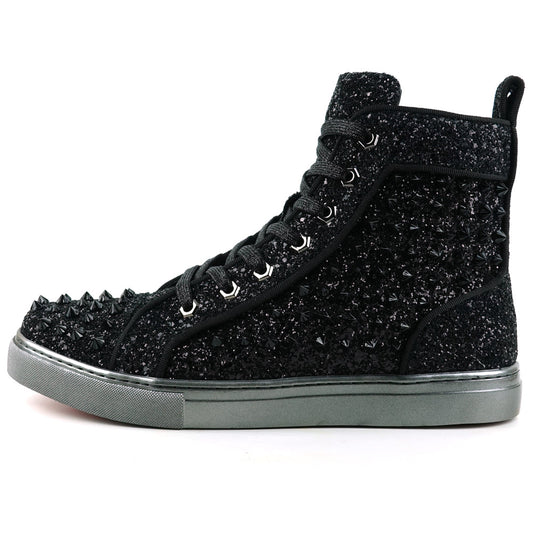 FI-2409 Black Glitter Black Spikes Lace up High top Sneaker Encore by Fiesso