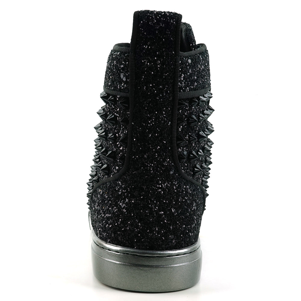 FI-2409 Black Glitter Black Spikes Lace up High top Sneaker Encore by Fiesso