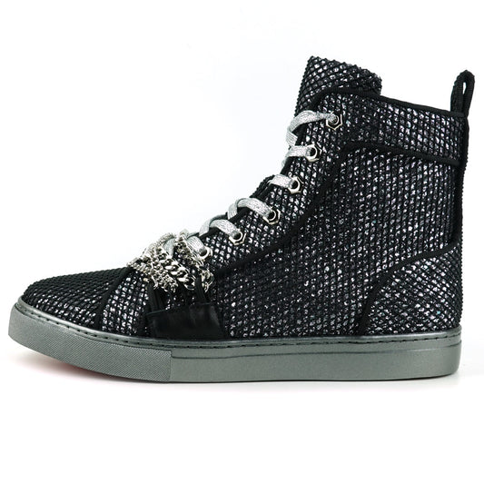 FI-2410 Black Silver Glitter Lace up High top Sneaker Encore by Fiesso