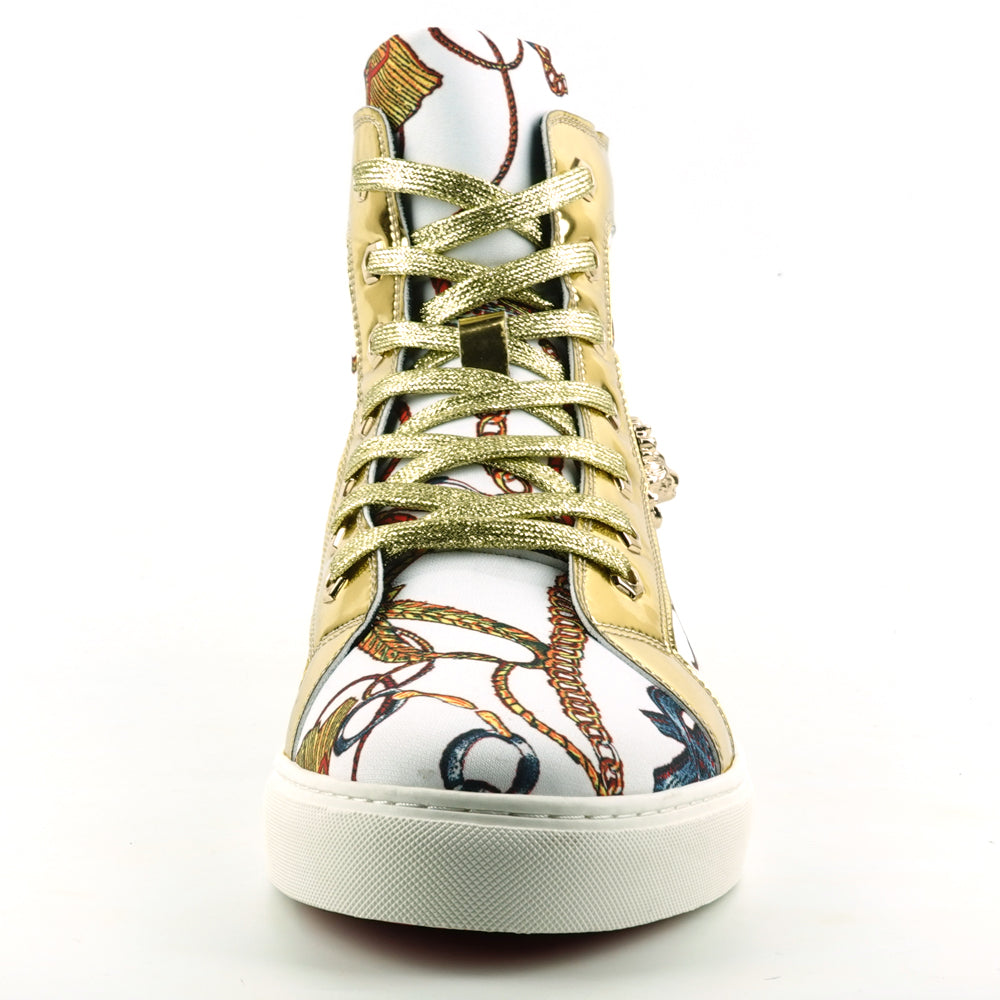 FI-2421 White Gold Lace up High top Sneaker Encore by Fiesso