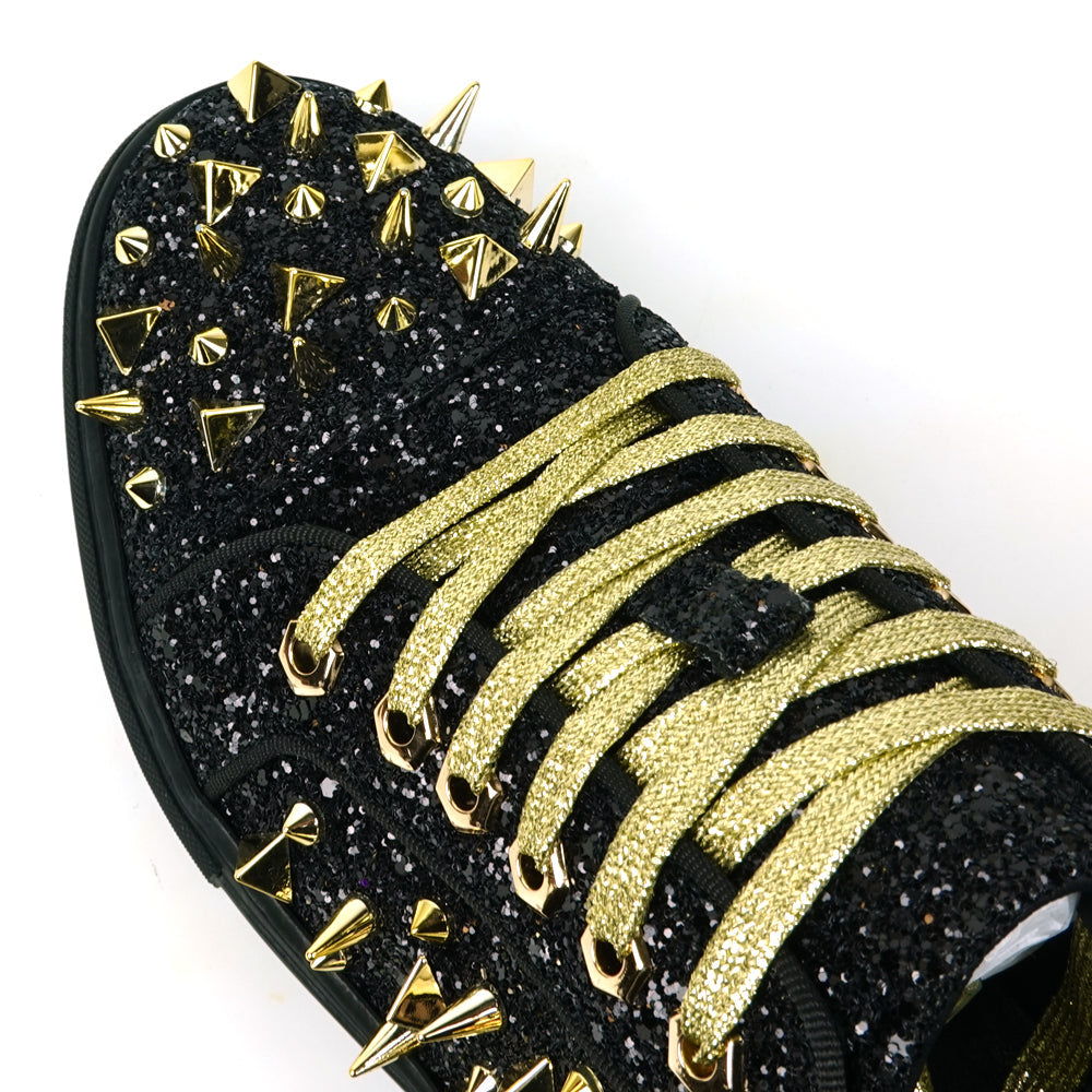 FI-2429 Black Glitter Gold Spikes Lace up Low Cut Sneaker Encore by Fiesso