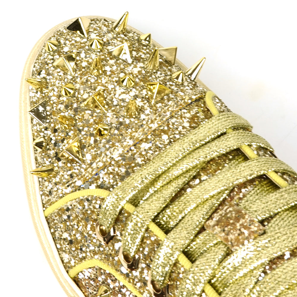 FI-2429 Gold Glitter Gold Spikes Lace up Low Cut Sneaker Encore by Fiesso