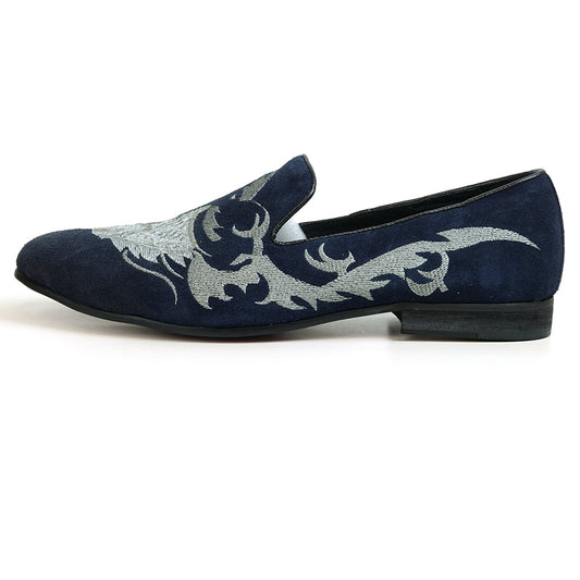FI-7039 Navy Suede Embroidered Shoe Fiesso by Aurelio Garcia Slip on Loafer