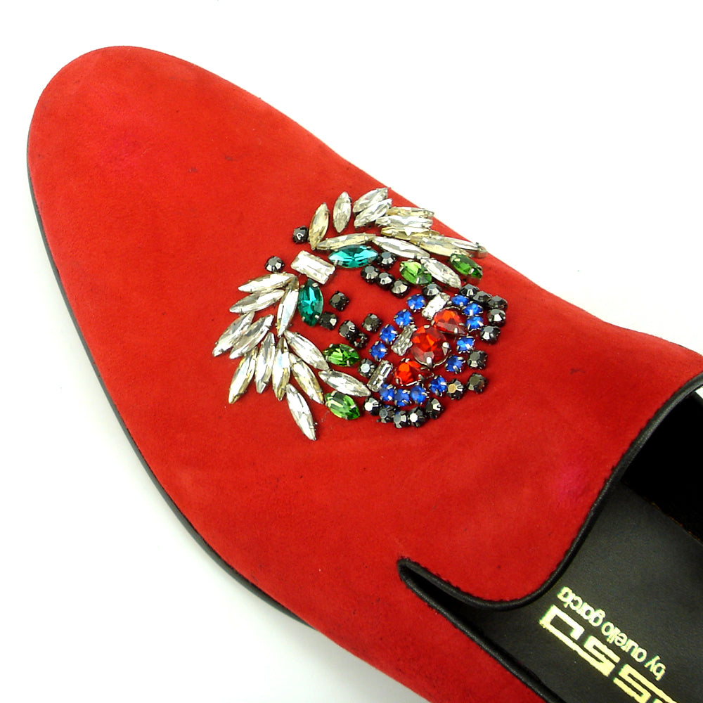 FI-7355 Red Suede Multi Color Rhinestone Ornament Slip on Fiesso by Aurelio Garcia