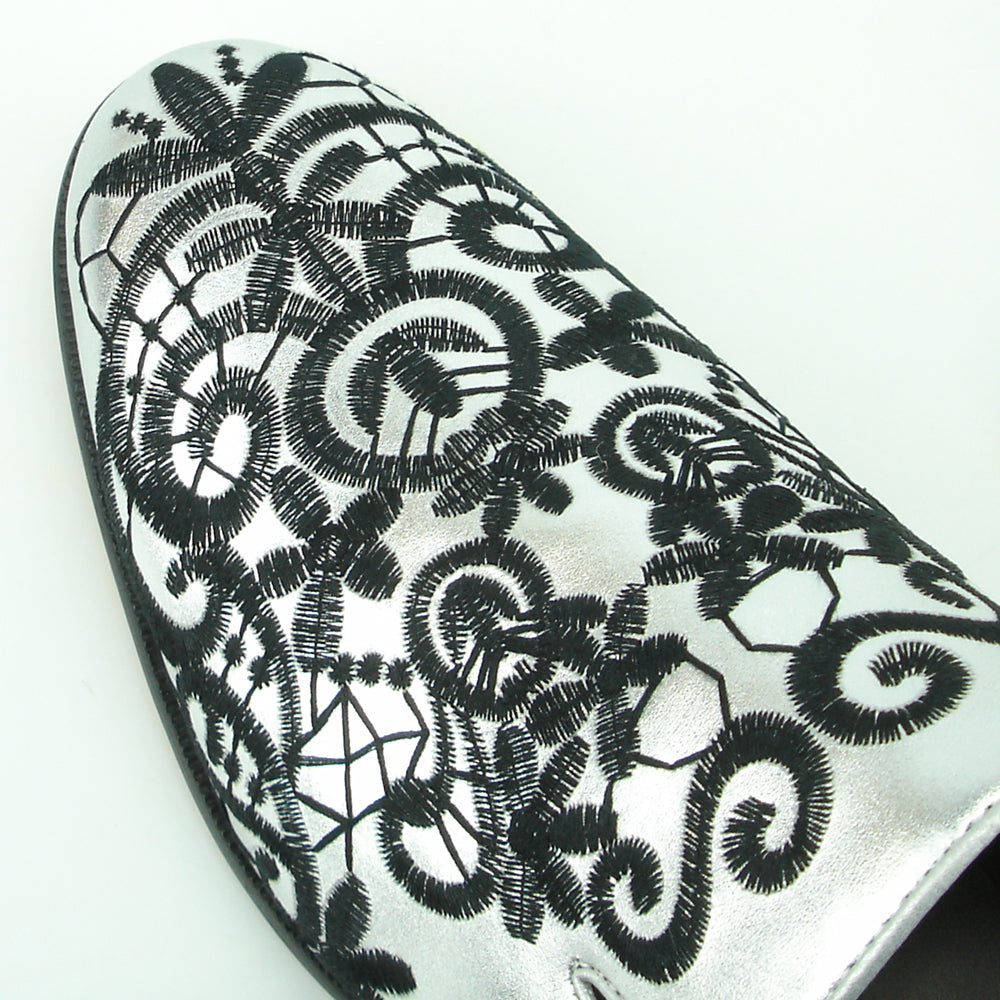 FI-7358 Silver Leather with Black Embrodery Slip on Fiesso by Aurelio Garcia