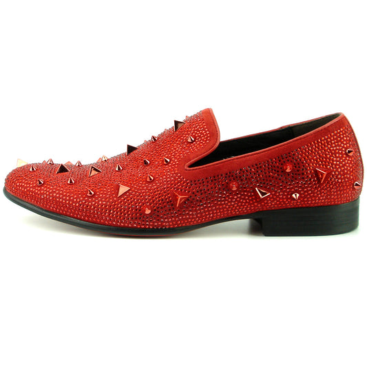 FI-7364 Red Suede Red Rhinestones and Spikes Slip on Loafer Fiesso by Aurelio Garcia