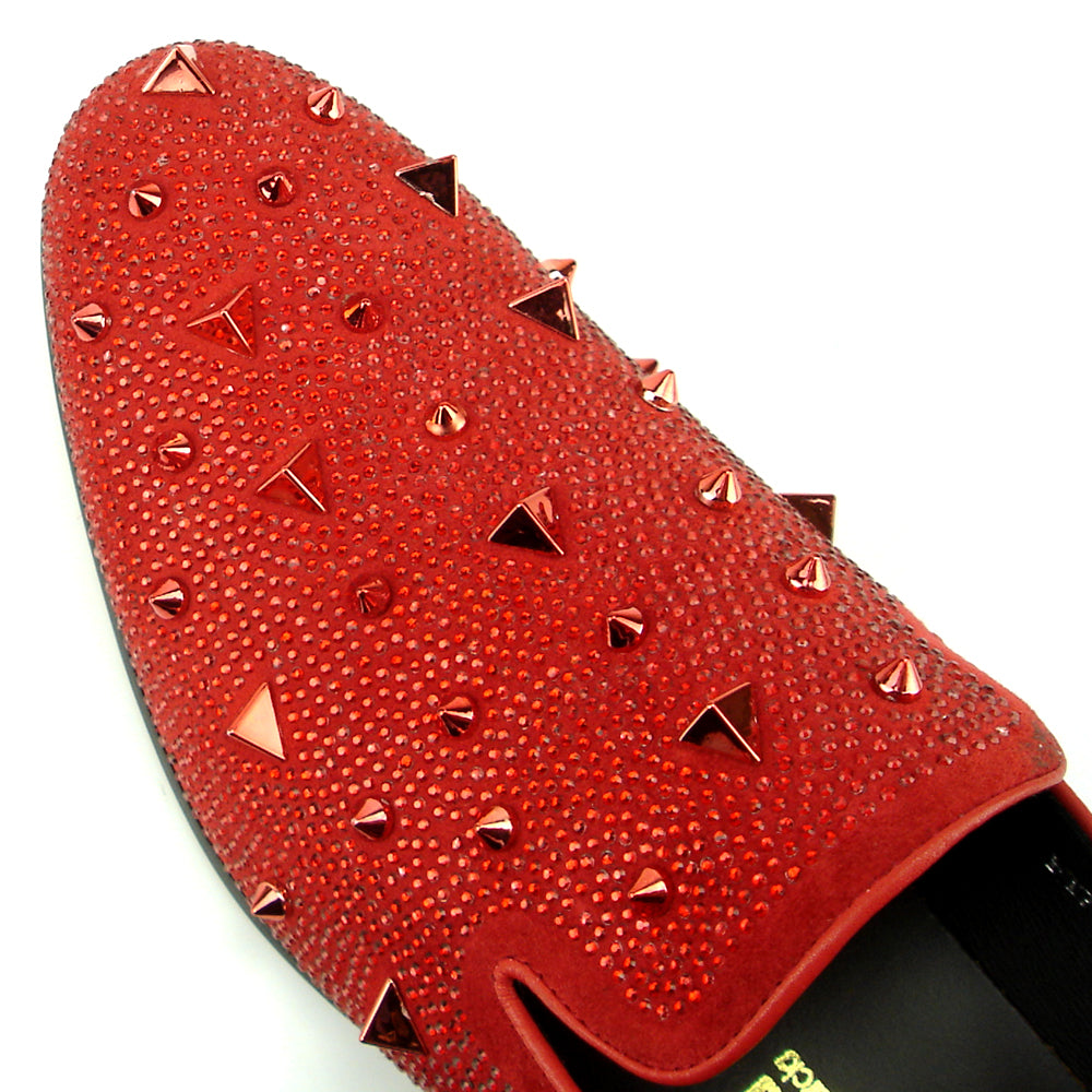 FI-7364 Red Suede Red Rhinestones and Spikes Slip on Loafer Fiesso by Aurelio Garcia