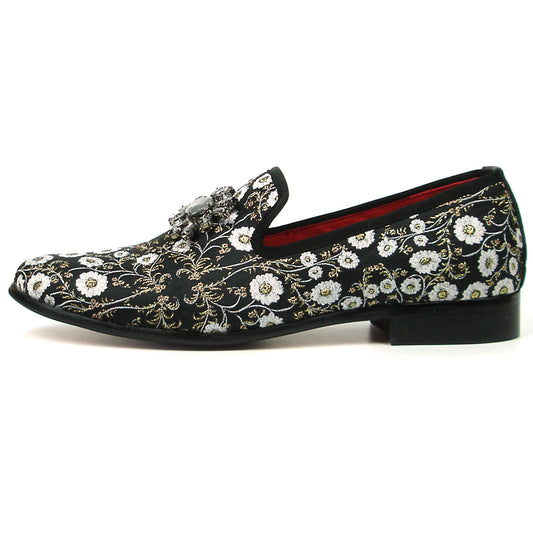 FI-7386 Black White Floral Design Slip on Loafer Fiesso by Aurelio Garcia