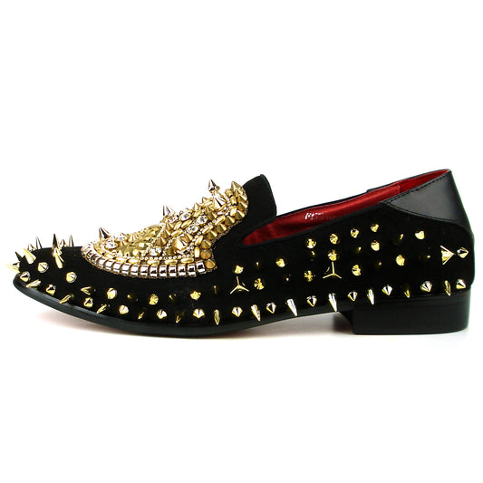 FI-7510 Black Suede Gold Rhinestones Spikes Slip on Loafer Fiesso by Aurelio Garcia