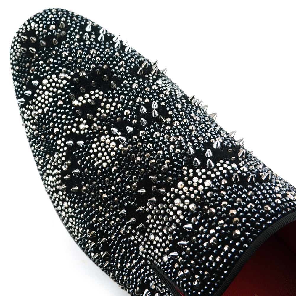 FI-7516 Black Silver Suede Rhinestones Spikes Slip on Loafer Fiesso by Aurelio Garcia