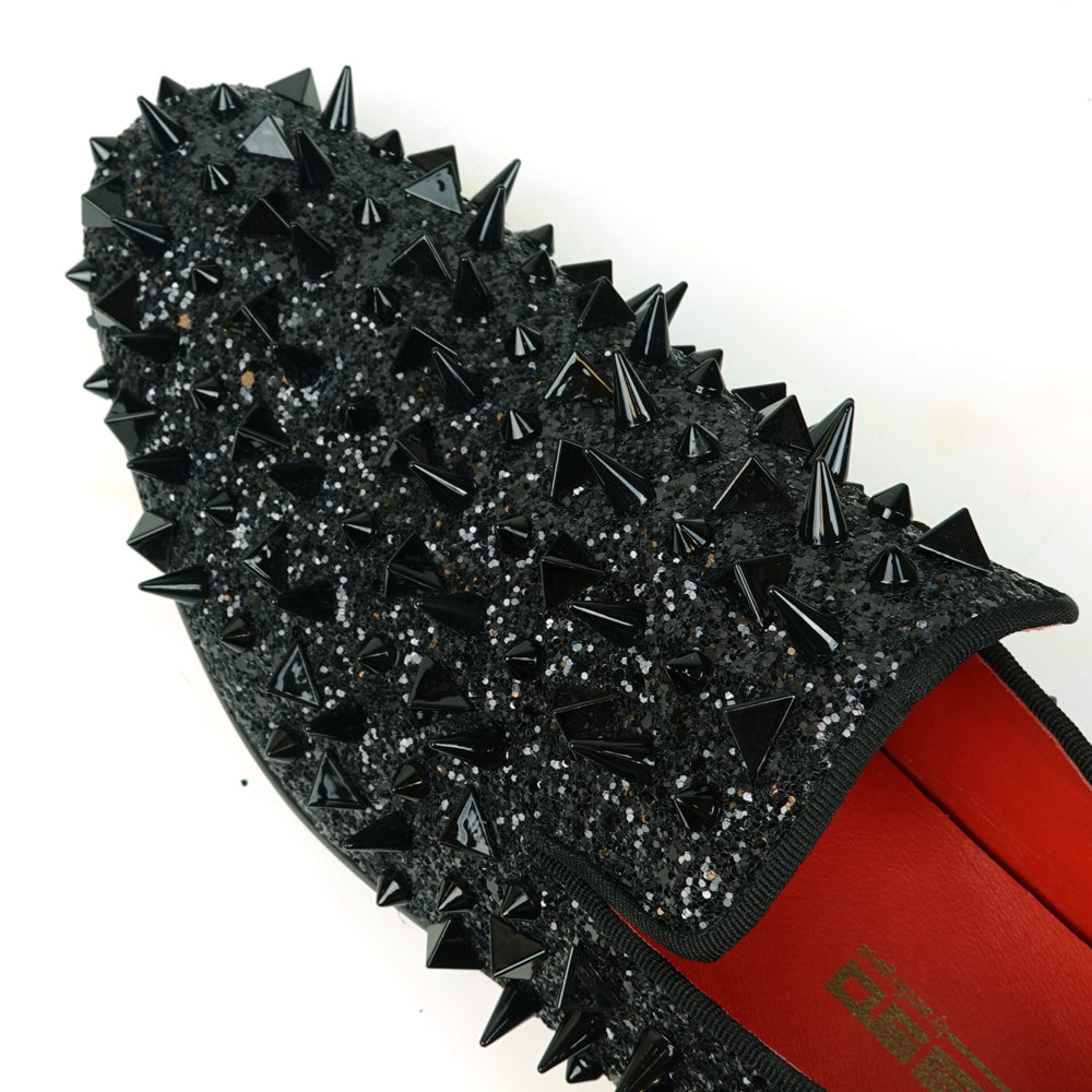 FI-7517 Black Glitter Black Spikes Slip on Loafer Fiesso by Aurelio Garcia
