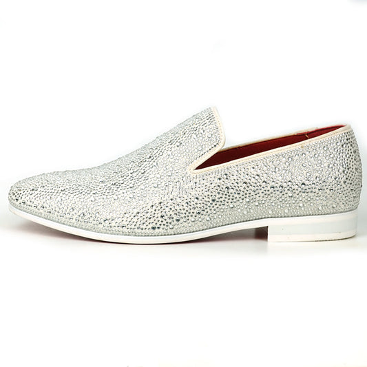 FI-7525 White Suede Rhinestones Slip on Loafer Fiesso by Aurelio Garcia