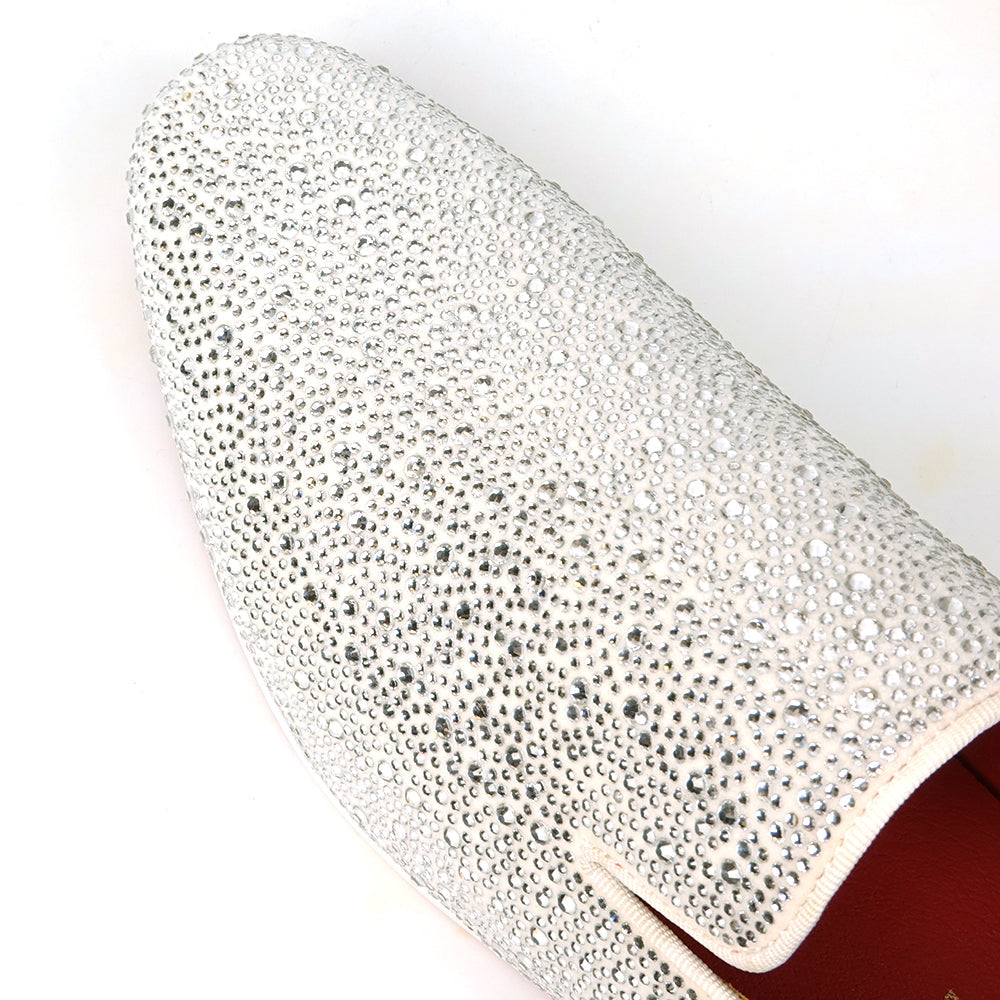 FI-7525 White Suede Rhinestones Slip on Loafer Fiesso by Aurelio Garcia