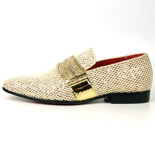 FI-7528 White Gold Glitter With Gold Chain Slip on Loafer Fiesso by Aurelio Garcia