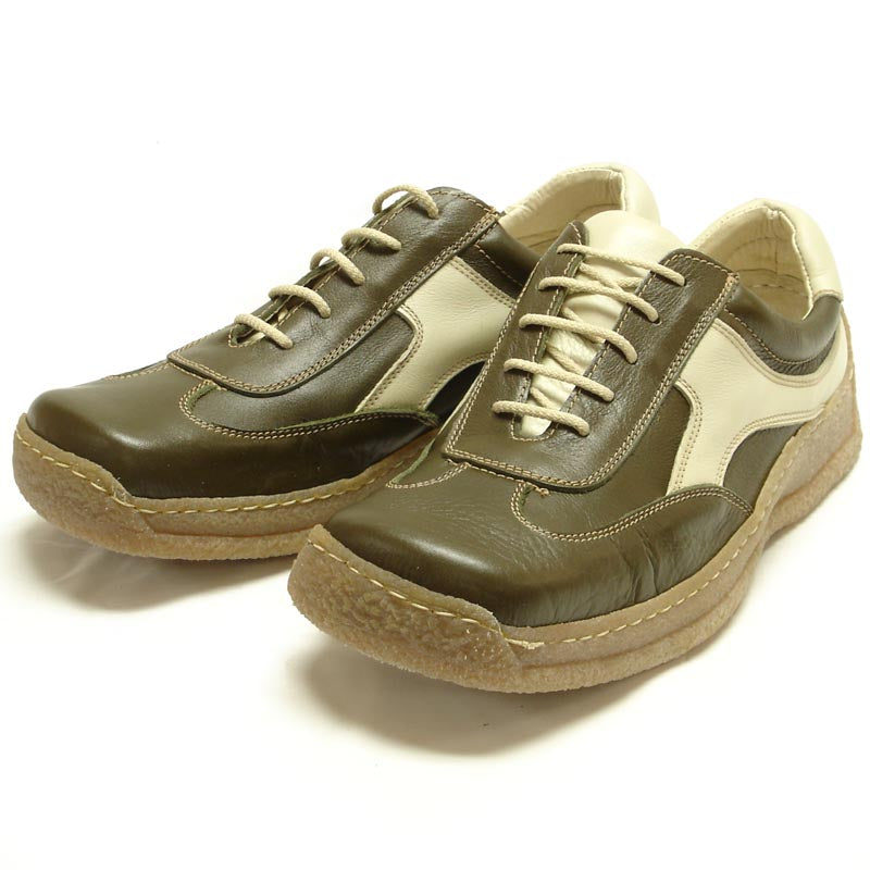 P-5456 Javier Beige Green Leather Lace up Sneaker Pinosos Made in Spain