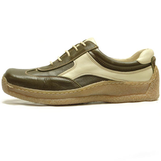 P-5456 Javier Beige Green Leather Lace up Sneaker Pinosos Made in Spain