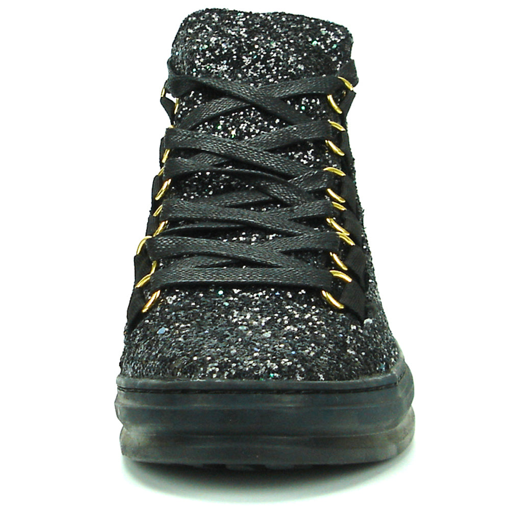 FI-2174-2 Black Glitter Casual High Top Sneaker Boot Fiesso by Aurelio Garcia