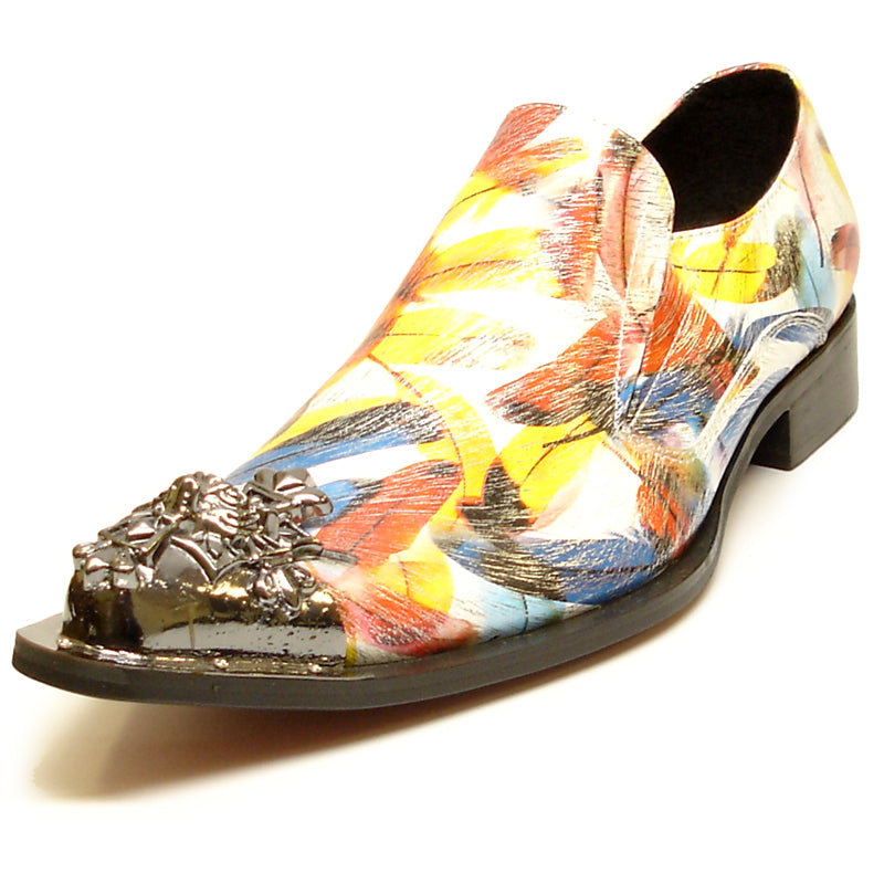 FI-6984 Genuine Leather with Multi Color Feathers Design Metal Tip Loafer