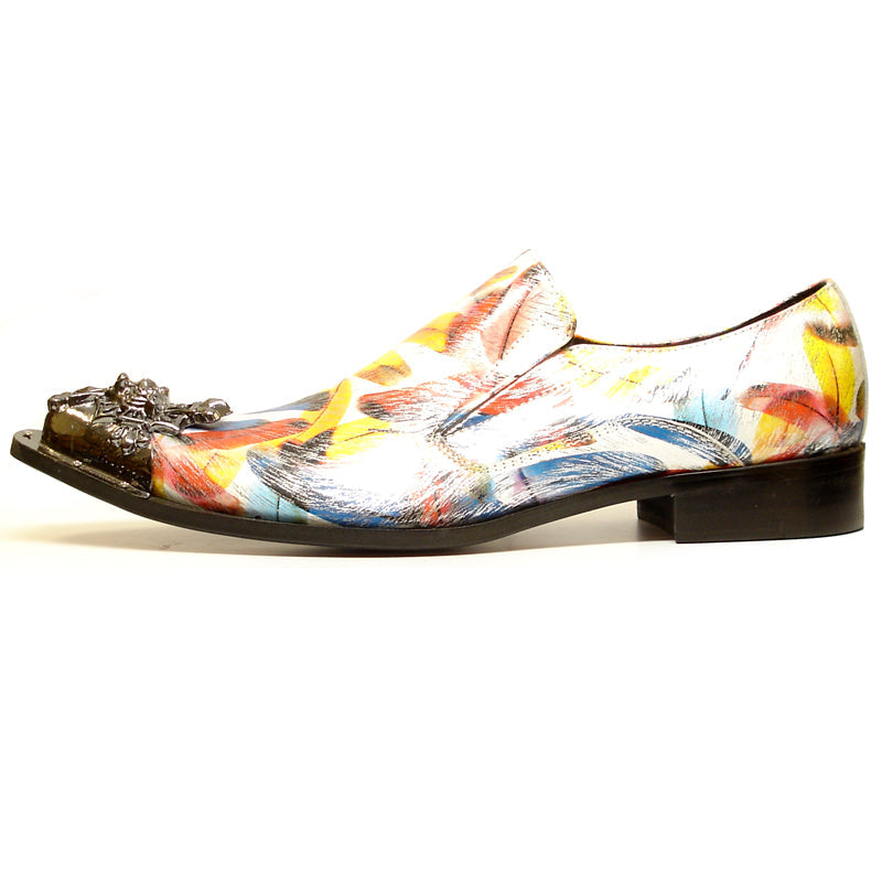FI-6984 Genuine Leather with Multi Color Feathers Design Metal Tip Loafer