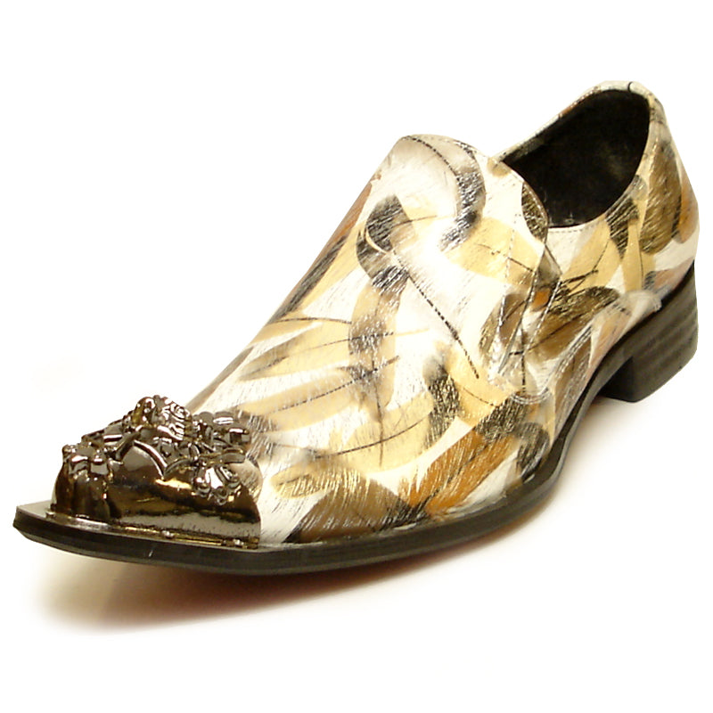 FI-6984 Genuine Leather with Multi Color Brown Feathers Design Metal Tip Loafer