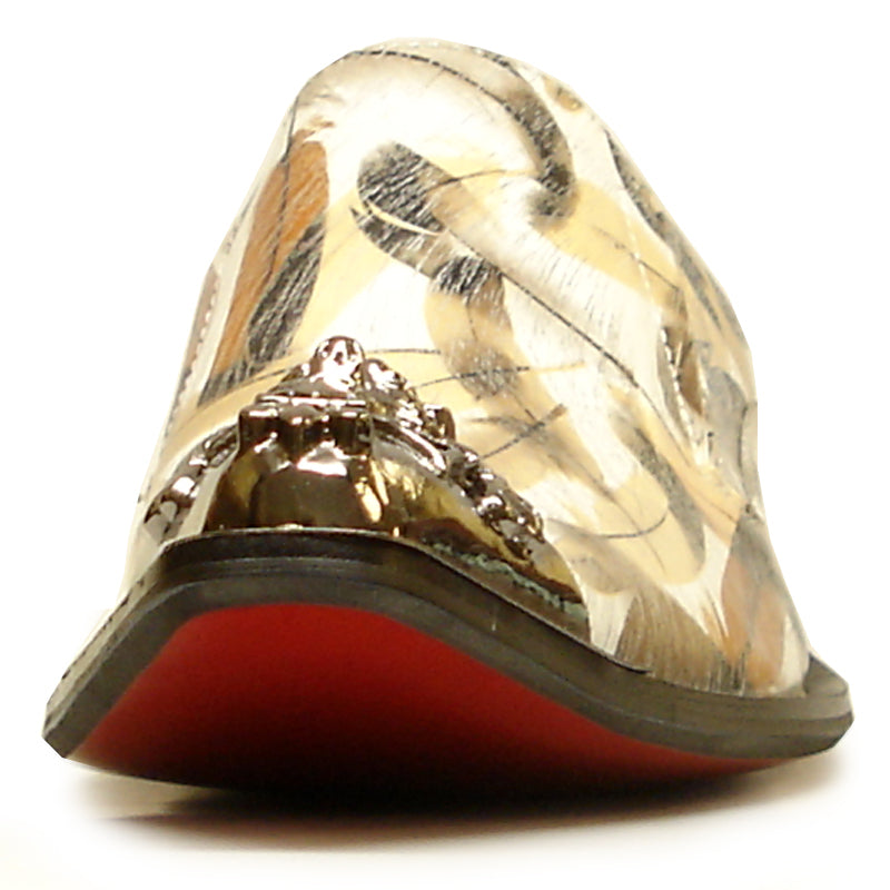 FI-6984 Genuine Leather with Multi Color Brown Feathers Design Metal Tip Loafer