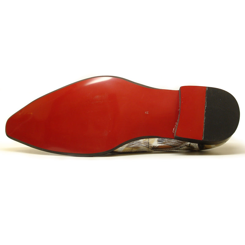 FI-6984 Genuine Leather with Multi Color Brown Feathers Design Metal Tip Loafer