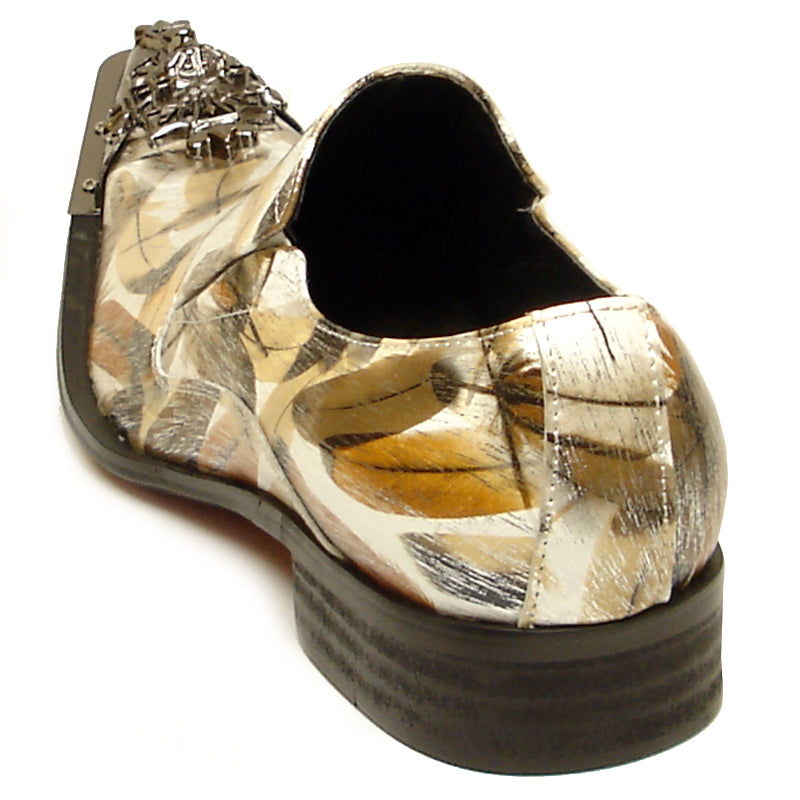 FI-6984 Genuine Leather with Multi Color Brown Feathers Design Metal Tip Loafer