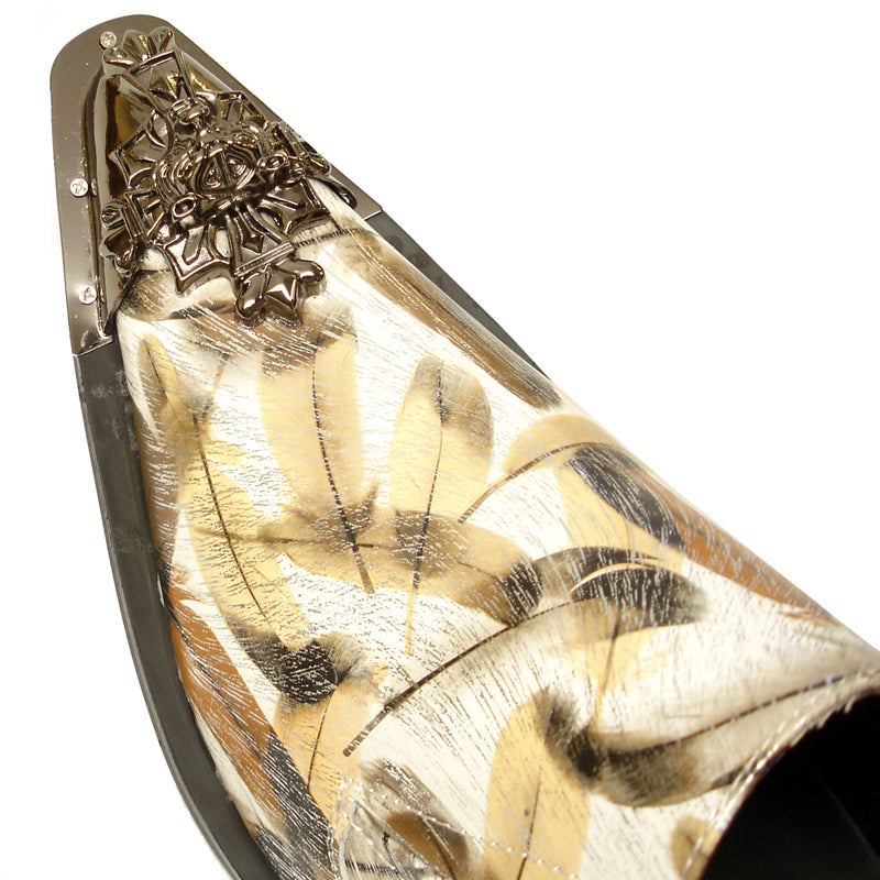 FI-6984 Genuine Leather with Multi Color Brown Feathers Design Metal Tip Loafer