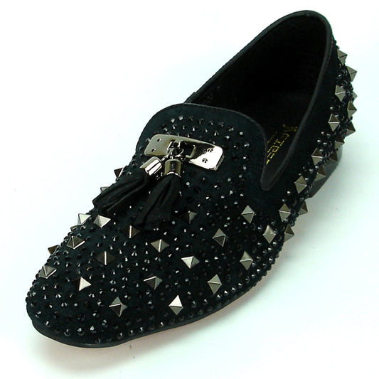 FI-7005-2 Black With Spikes and Rhinestones Fiesso by Aurelio Garcia Suede Slip on