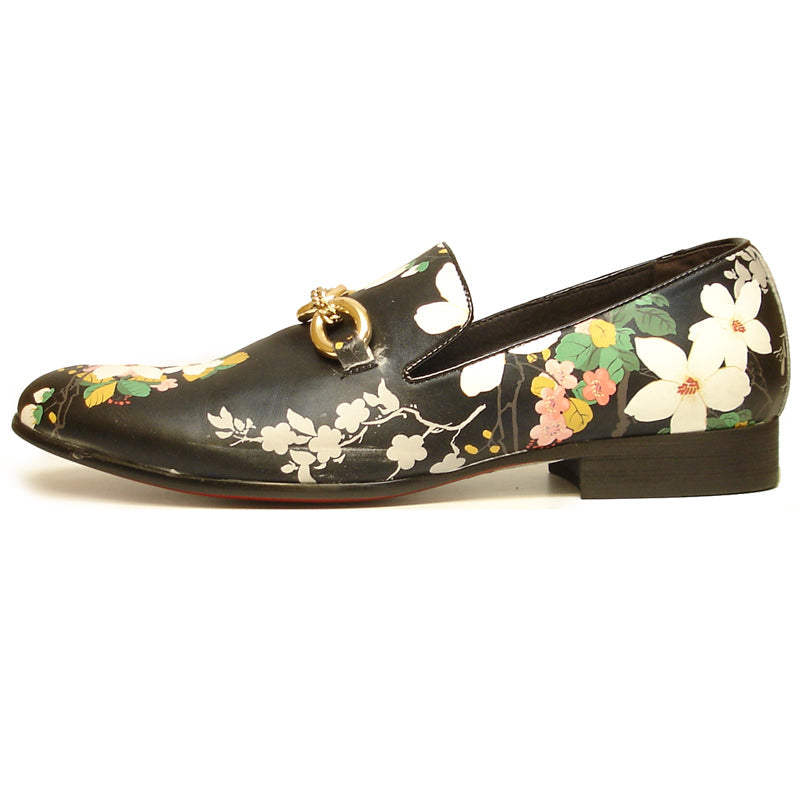 FI-7054 Black Leather Floral Print Fiesso by Aurelio Garcia slip on
