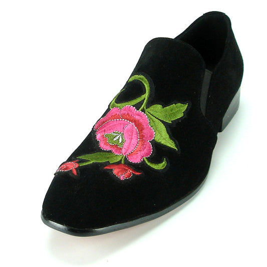 FI-7085 Black Suede with Embroidered Rose Slip on Fiesso by Aurelio Garcia