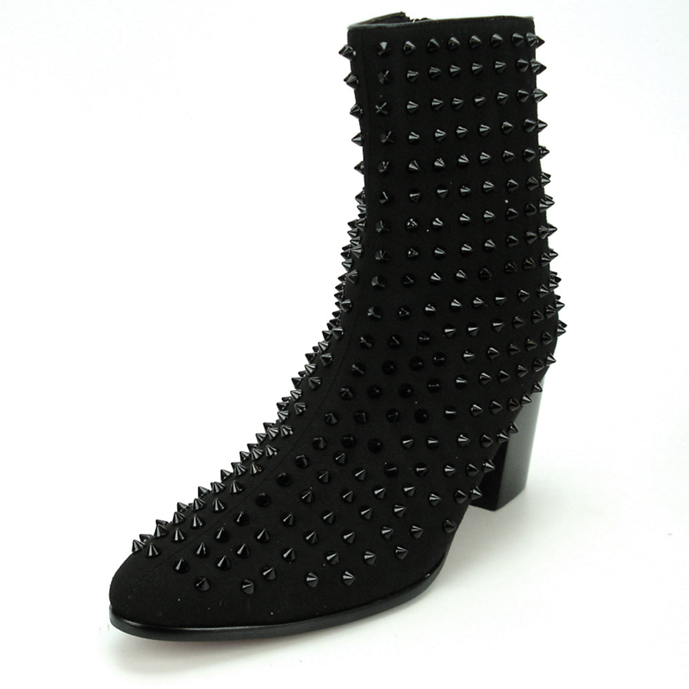 FI-7142 Black Suede Black Spikes Cuban Heel Fiesso by Aurelio Garcia Boot with Side Zipper