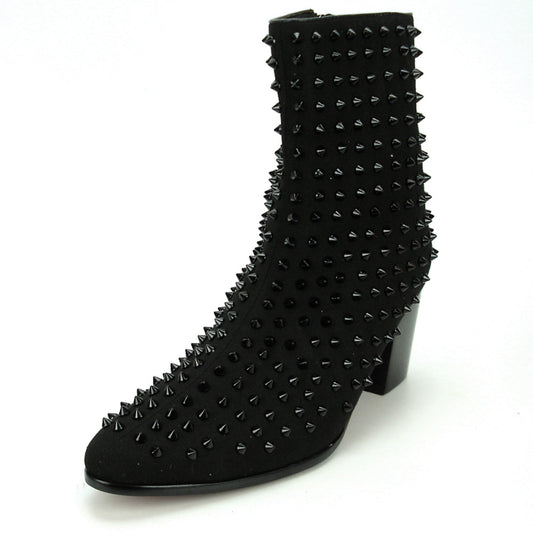 FI-7142 Black Suede Black Spikes Cuban Heel Fiesso by Aurelio Garcia Boot with Side Zipper