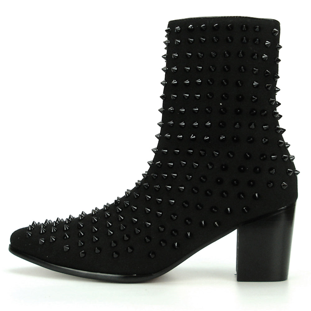 FI-7142 Black Suede Black Spikes Cuban Heel Fiesso by Aurelio Garcia Boot with Side Zipper