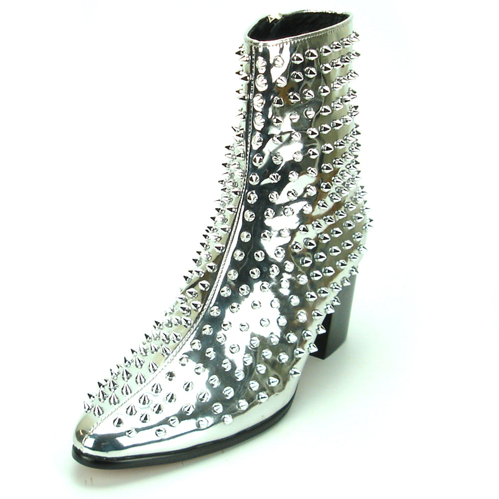FI-7142 Silver Patent Leather Silver Spikes Cuban Heel Fiesso by Aurelio Garcia Boot