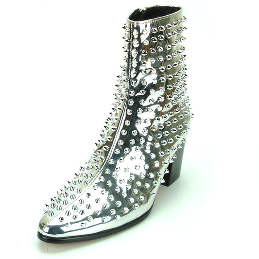 FI-7142 Silver Patent Leather Silver Spikes Cuban Heel Fiesso by Aurelio Garcia Boot